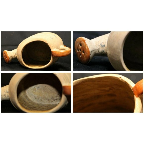 Pottery Watering Can Planter Small Beige Tan Clay Floral Green Glaze Accents - Picture 8 of 9